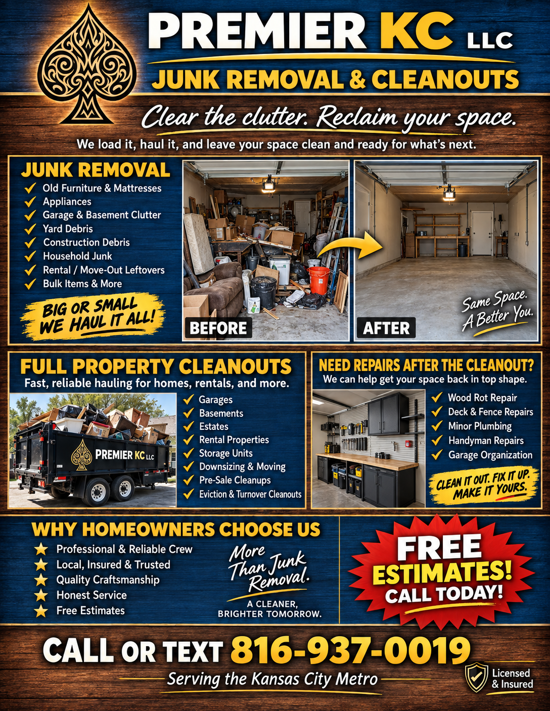 Premier KC service flyer with garage cleanout illustrations, hauling services, and phone number 816-937-0019